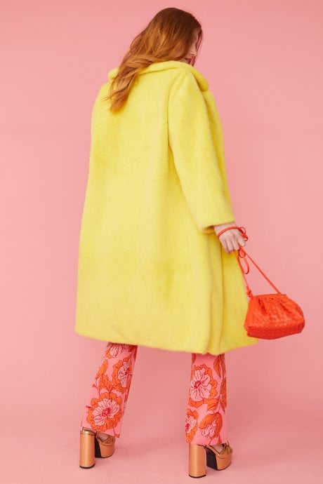 JAYLEY Yellow Faux Fur Midi Coat