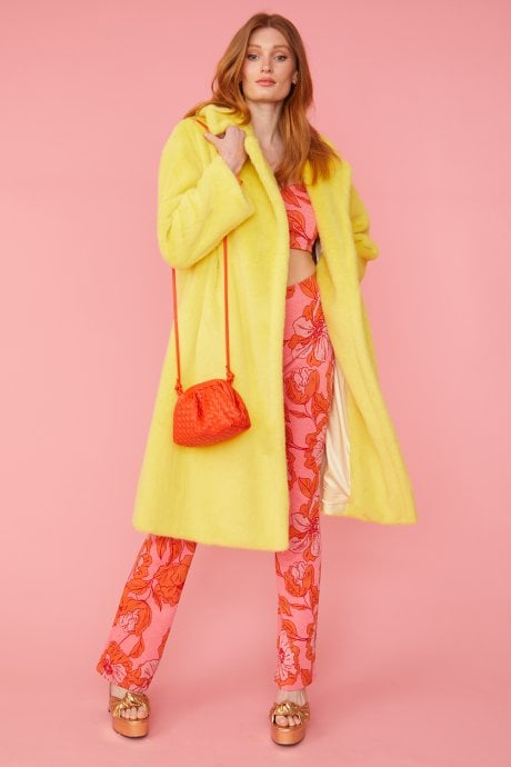 JAYLEY Yellow Faux Fur Midi Coat