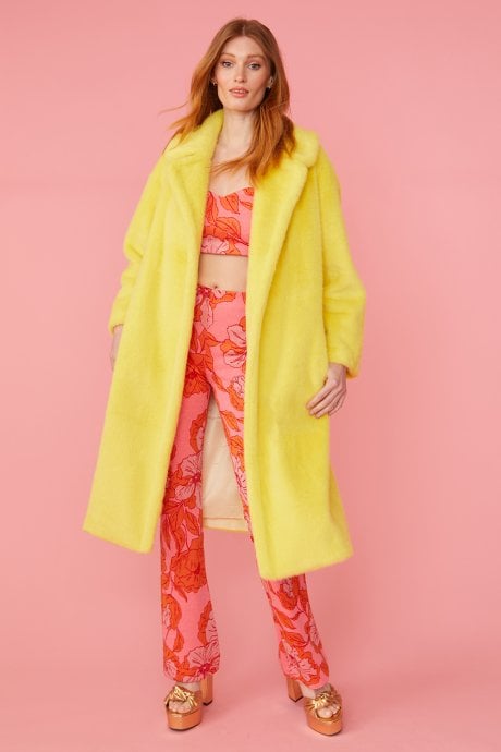 JAYLEY Yellow Faux Fur Midi Coat