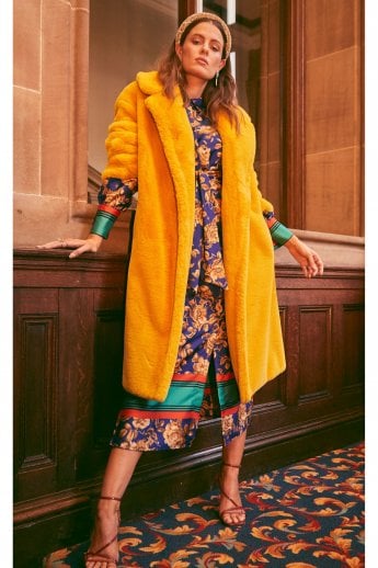 JAYLEY Yellow Faux Fur Midi Shaved Shearling Coat