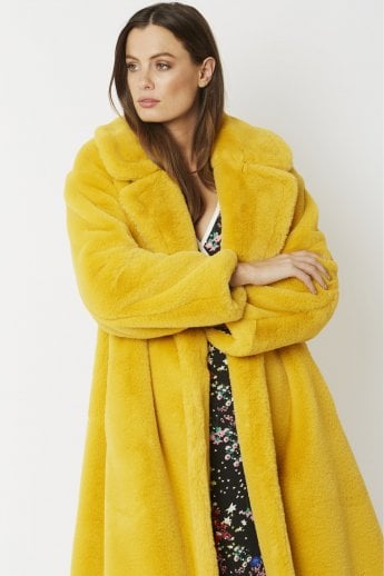 JAYLEY Yellow Faux Fur Midi Shaved Shearling Coat