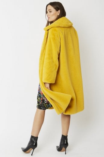 JAYLEY Yellow Faux Fur Midi Shaved Shearling Coat