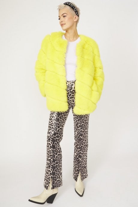 JAYLEY Yellow Faux Fur Striped Gaga Coat