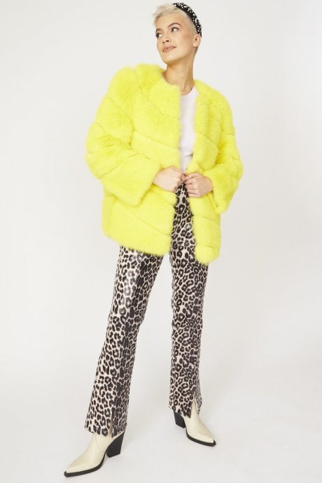 JAYLEY Yellow Faux Fur Striped Gaga Coat