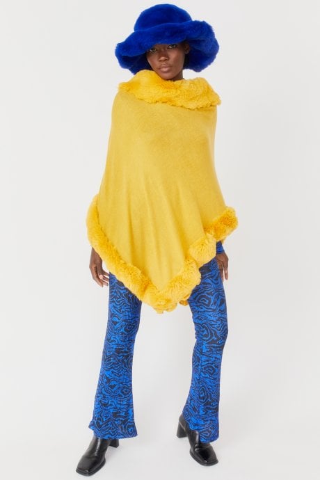 JAYLEY Yellow Faux Fur Trim Poncho