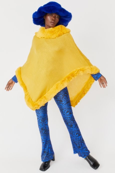 JAYLEY Yellow Faux Fur Trim Poncho