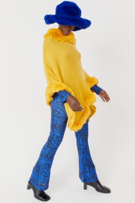 JAYLEY Yellow Faux Fur Trim Poncho