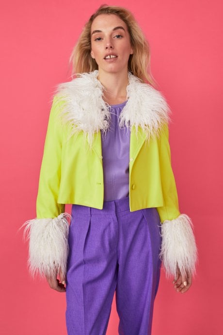 JAYLEY Yellow Faux Leather Biker Jacket With Mongolian Fur Cuffs And Collar