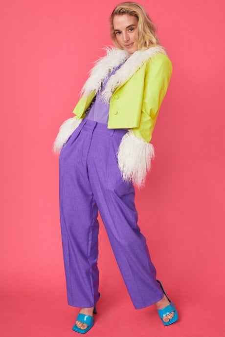 JAYLEY Yellow Faux Leather Biker Jacket With Mongolian Fur Cuffs And Collar