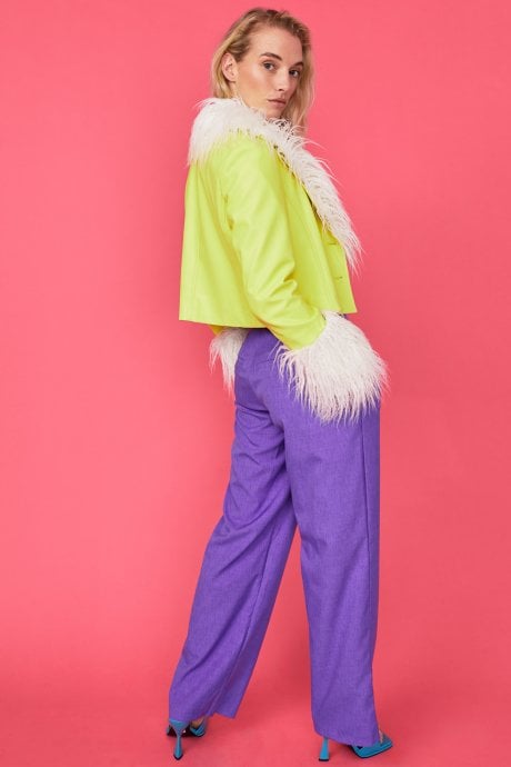 JAYLEY Yellow Faux Leather Biker Jacket With Mongolian Fur Cuffs And Collar