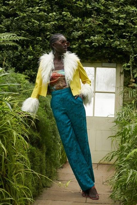 JAYLEY Yellow Faux Leather Biker Jacket with Mongolian fur Cuffs and Collar