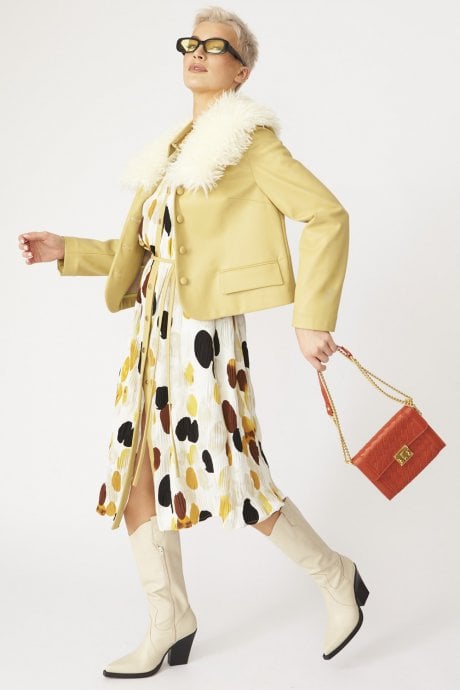 JAYLEY Yellow Faux Leather Jacket With Faux Shearling Collar