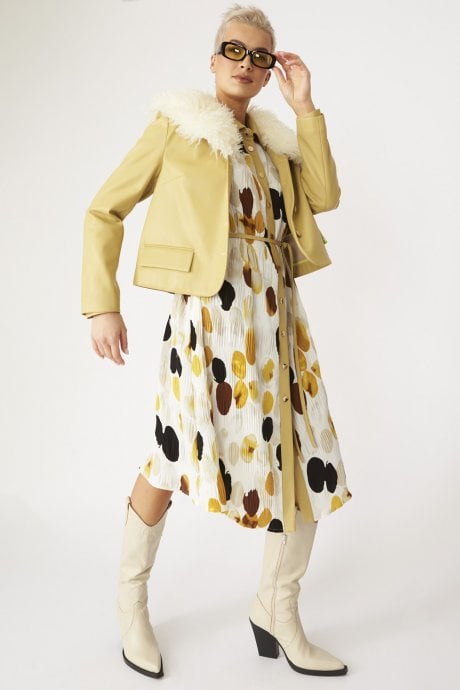 JAYLEY Yellow Faux Leather Jacket With Faux Shearling Collar