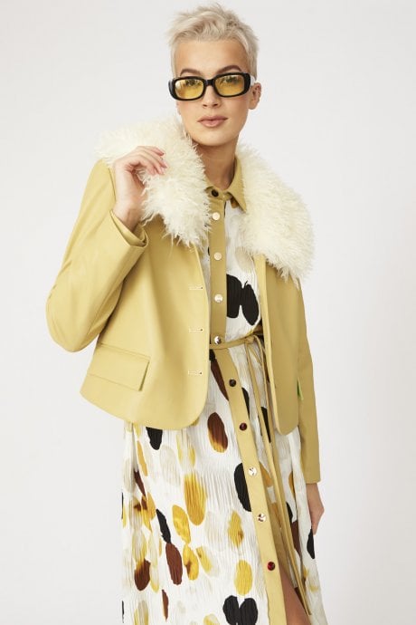 JAYLEY Yellow Faux Leather Jacket With Faux Shearling Collar