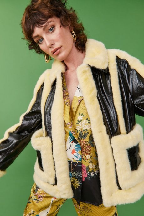 JAYLEY Yellow Faux Shearling Aviator Jacket