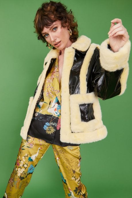 JAYLEY Yellow Faux Shearling Aviator Jacket