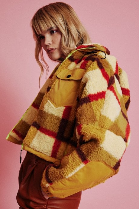 JAYLEY Yellow Faux Shearling Check Jacket