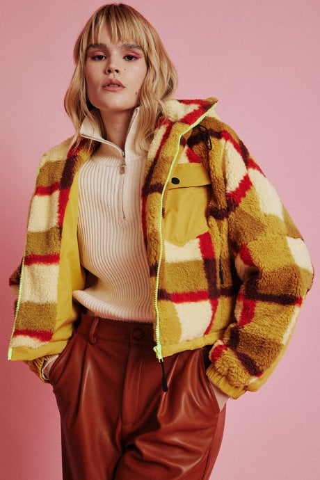 JAYLEY Yellow Faux Shearling Check Jacket