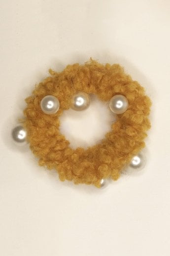 JAYLEY Yellow Faux Shearling Scrunchie with Pearls