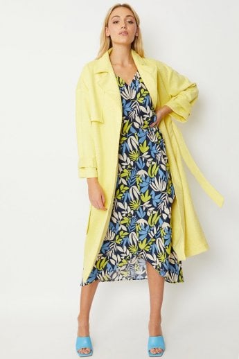 JAYLEY Yellow Faux Suede Animal Print Trench Coat