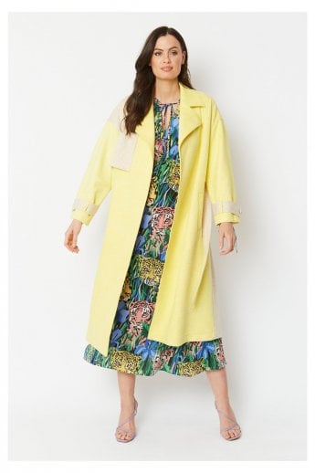 JAYLEY Yellow Faux Suede Animal Print Trench Coat