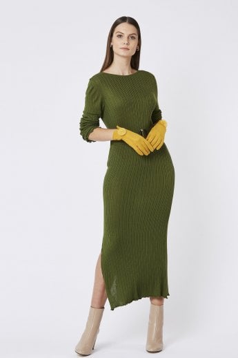 JAYLEY Yellow Faux Suede Gloves With Faux Fur Pom