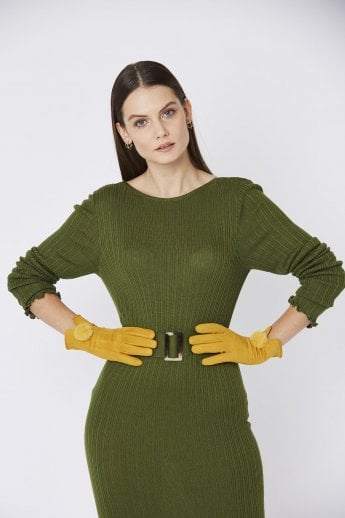 JAYLEY Yellow Faux Suede Gloves With Faux Fur Pom