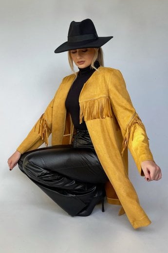 JAYLEY Yellow Faux Suede Tassel Trench Jacket