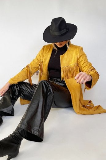 JAYLEY Yellow Faux Suede Tassel Trench Jacket