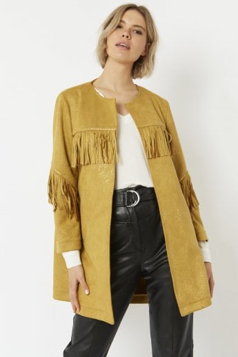 JAYLEY Yellow Faux Suede Tassel Trench Jacket