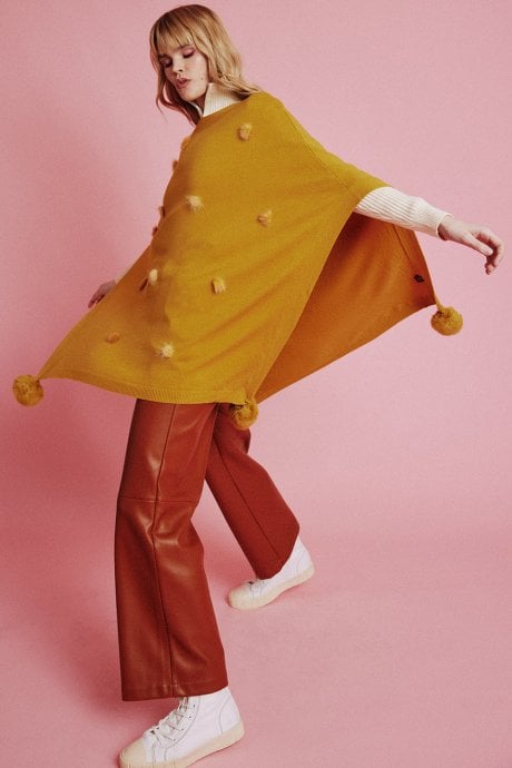 JAYLEY Yellow Fine Knit Cashmere Blend Pom Pom Poncho