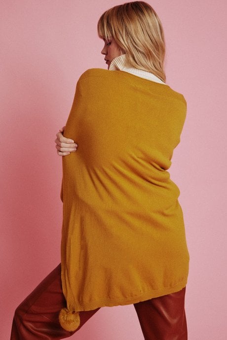 JAYLEY Yellow Fine Knit Cashmere Blend Pom Pom Poncho