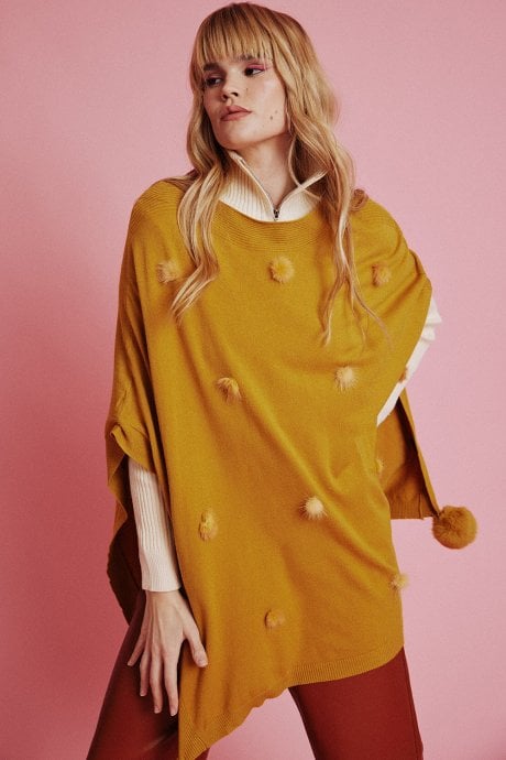 JAYLEY Yellow Fine Knit Cashmere Blend Pom Pom Poncho