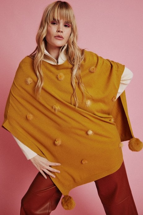 JAYLEY Yellow Fine Knit Cashmere Blend Pom Pom Poncho