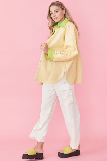 JAYLEY Yellow /Green Two Tones Eco Leather Angelina Oversized Shacket Shirt Jacket