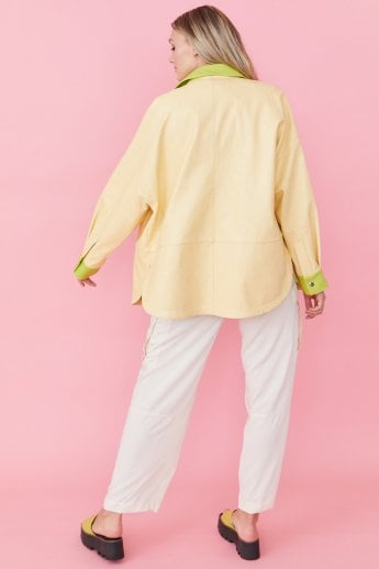 JAYLEY Yellow /Green Two Tones Eco Leather Angelina Oversized Shacket Shirt Jacket