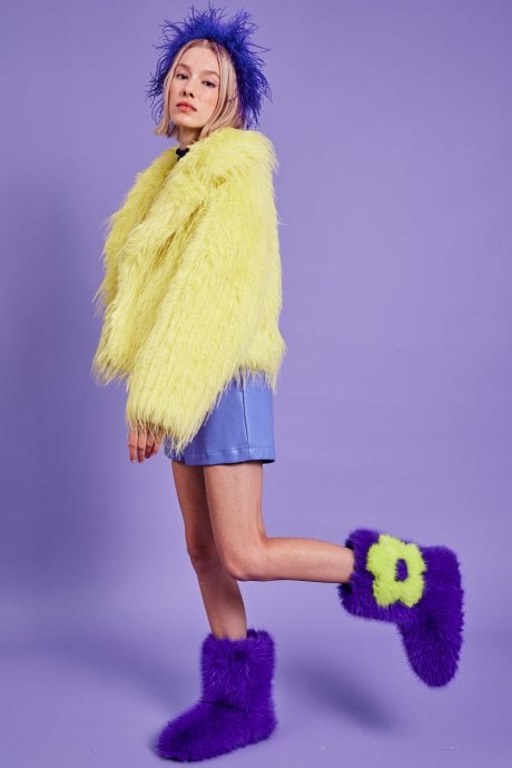 JAYLEY Yellow Hand Cut Mongolian Fur Knitted Jacket