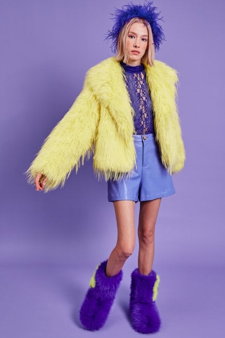 JAYLEY Yellow Hand Cut Mongolian Fur Knitted Jacket