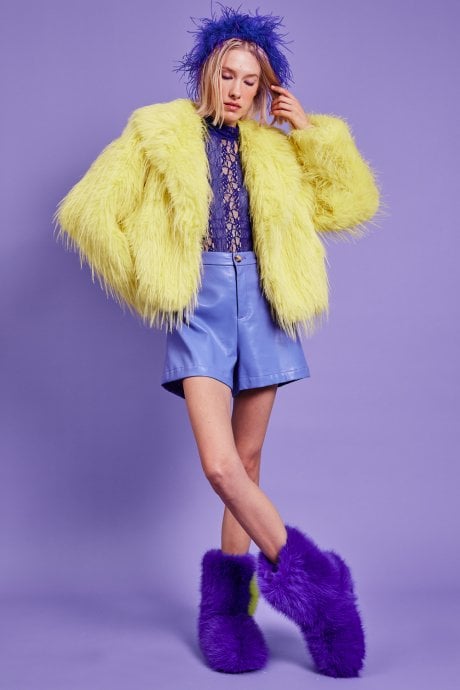 JAYLEY Yellow Hand Cut Mongolian Fur Knitted Jacket