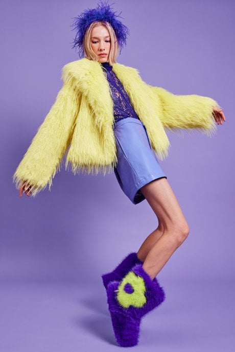 JAYLEY Yellow Hand cut Mongolian Fur Knitted Jacket