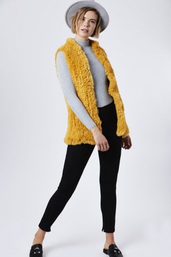 JAYLEY Yellow Hand Knitted Faux Fur Gilet | Waistcoat