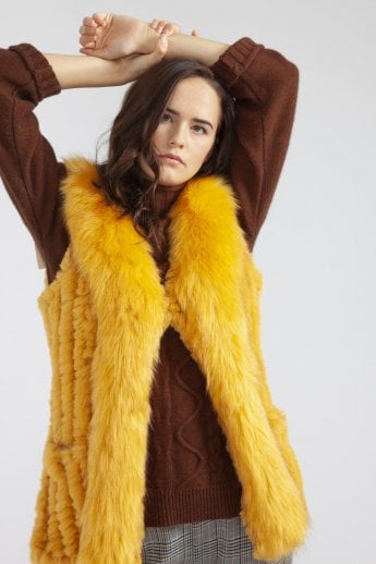 JAYLEY Yellow Hand Knitted Faux Fur Gilet | Waistcoat