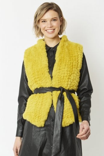 JAYLEY Yellow Hand Knitted Faux Fur Gilet | Waistcoat