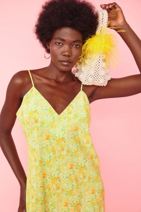 JAYLEY Yellow Handmade Pearl Tote Bag with Feather Trim