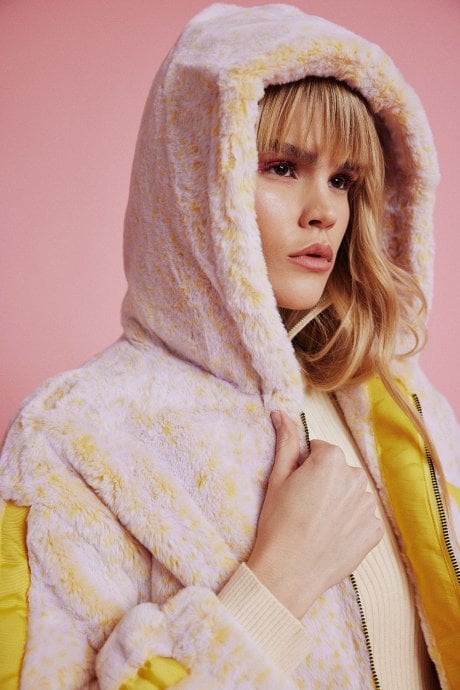 JAYLEY Yellow Mottled Snow Faux Fur Hooded Jacket