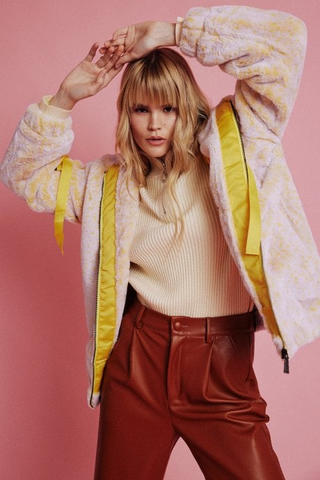 JAYLEY Yellow Mottled Snow Faux Fur Hooded Jacket