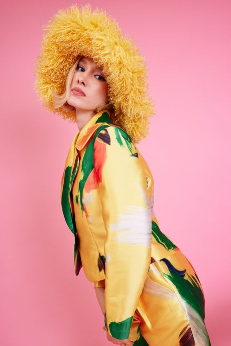 JAYLEY Yellow Oversized Bamboo Fur Hat