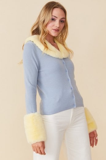 JAYLEY Yellow Peggy Cashmere Cardigan With Faux Fur Cuffs And Collar