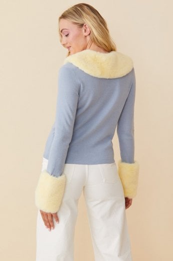JAYLEY Yellow Peggy Cashmere Cardigan With Faux Fur Cuffs And Collar
