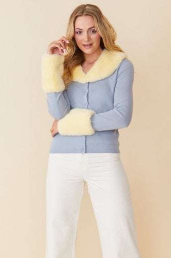 JAYLEY Yellow Peggy Cashmere Cardigan with Faux Fur Cuffs and Collar